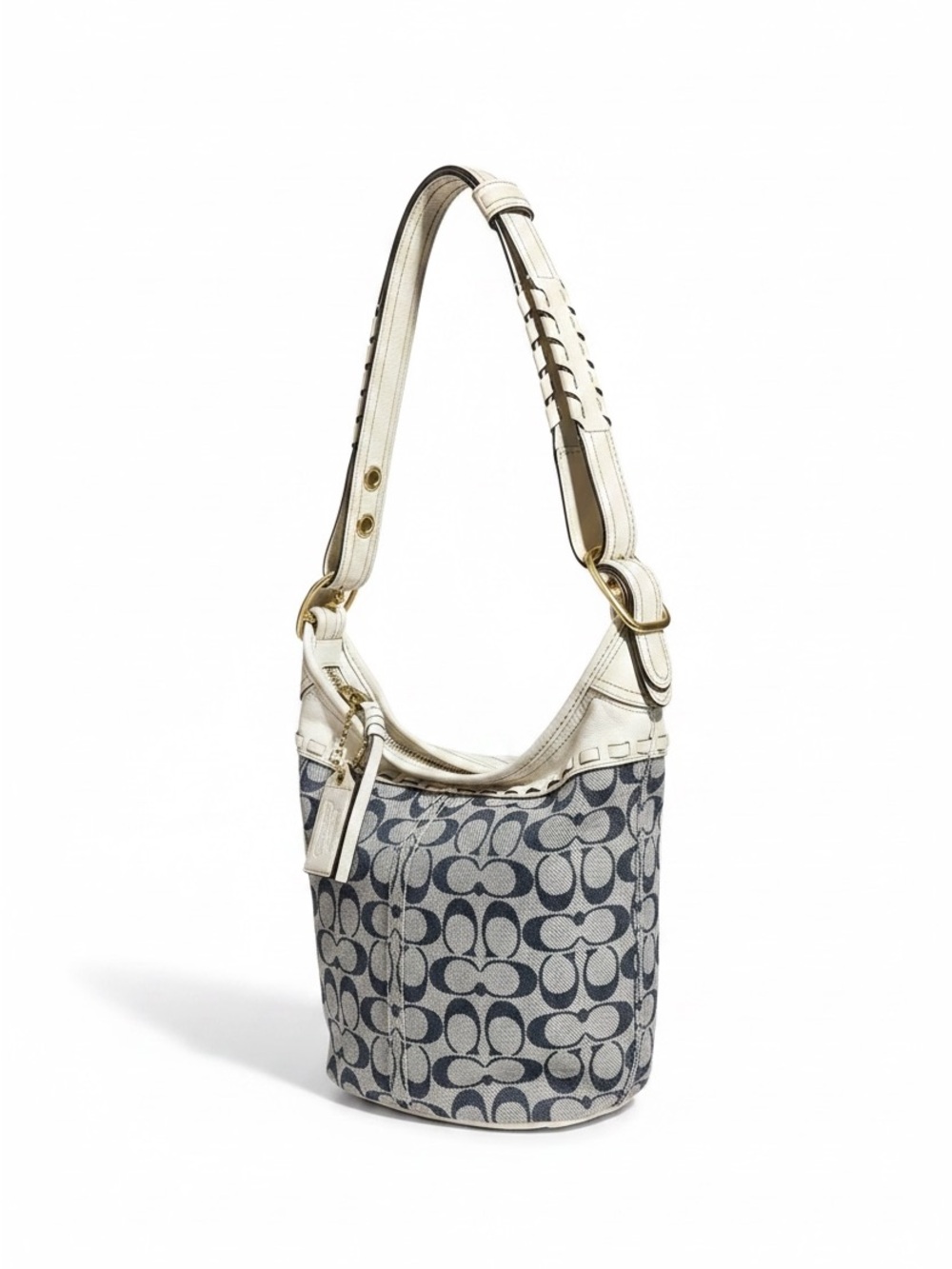Coach 2007 Bleecker Signature Denim Bucket Bag Blue Canvas White Leather Y2K